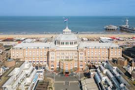 Aerial view of the iconic Kurhaus hotel in Scheveningen with beachfront location